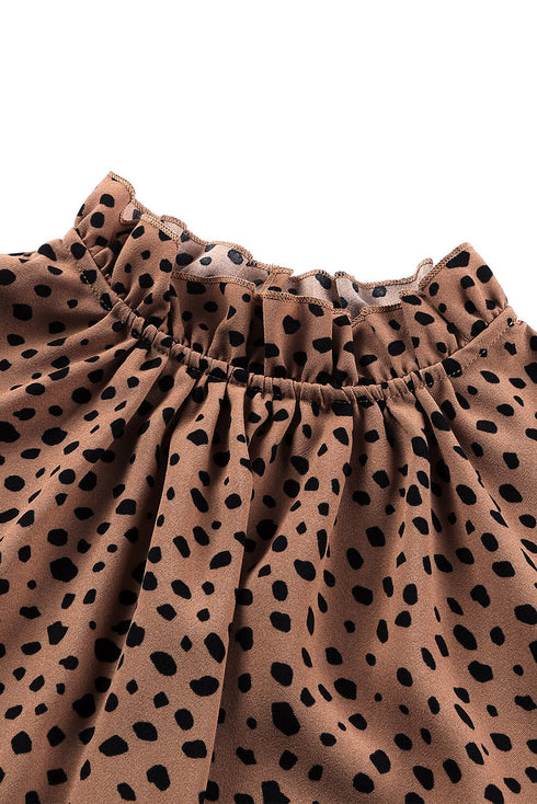 Frilled Neck 3/4 Sleeves Cheetah Blouse