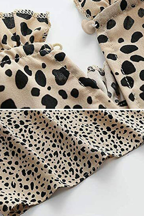 Frilled Neck 3/4 Sleeves Cheetah Blouse