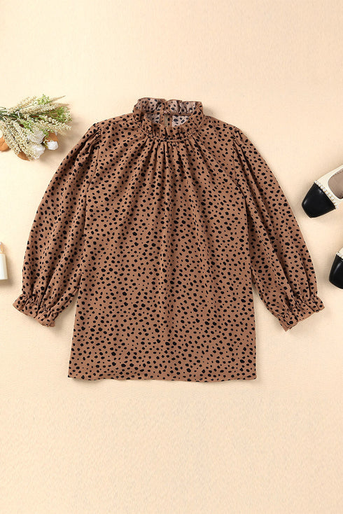 Frilled Neck 3/4 Sleeves Cheetah Blouse