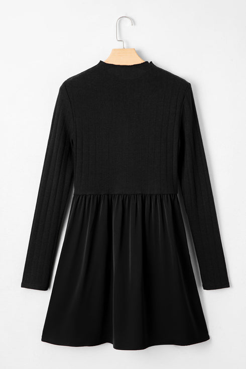 Frilled Neck Ribbed Knit Patchwork Long Sleeve Mini Dress