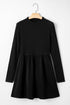 Frilled Neck Ribbed Knit Patchwork Long Sleeve Mini Dress