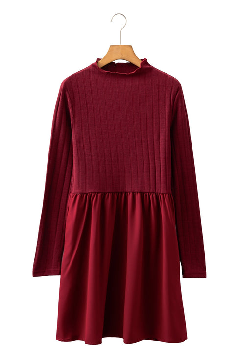 Frilled Neck Ribbed Knit Patchwork Long Sleeve Mini Dress