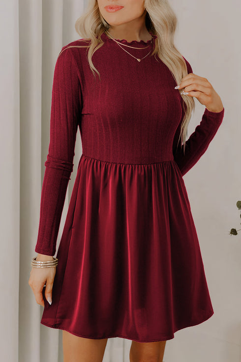 Frilled Neck Ribbed Knit Patchwork Long Sleeve Mini Dress