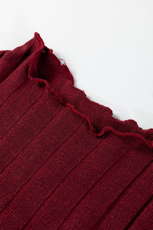 Frilled Neck Ribbed Knit Patchwork Long Sleeve Mini Dress