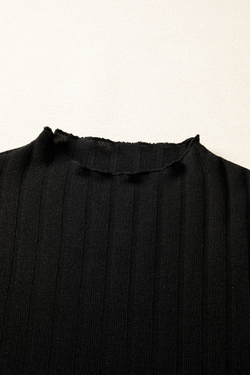 Frilled Neck Ribbed Knit Patchwork Long Sleeve Mini Dress