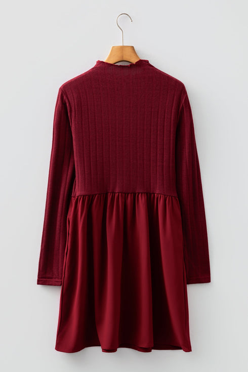 Frilled Neck Ribbed Knit Patchwork Long Sleeve Mini Dress