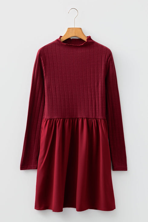 Frilled Neck Ribbed Knit Patchwork Long Sleeve Mini Dress