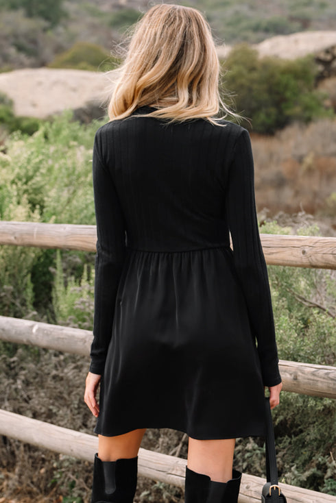 Frilled Neck Ribbed Knit Patchwork Long Sleeve Mini Dress