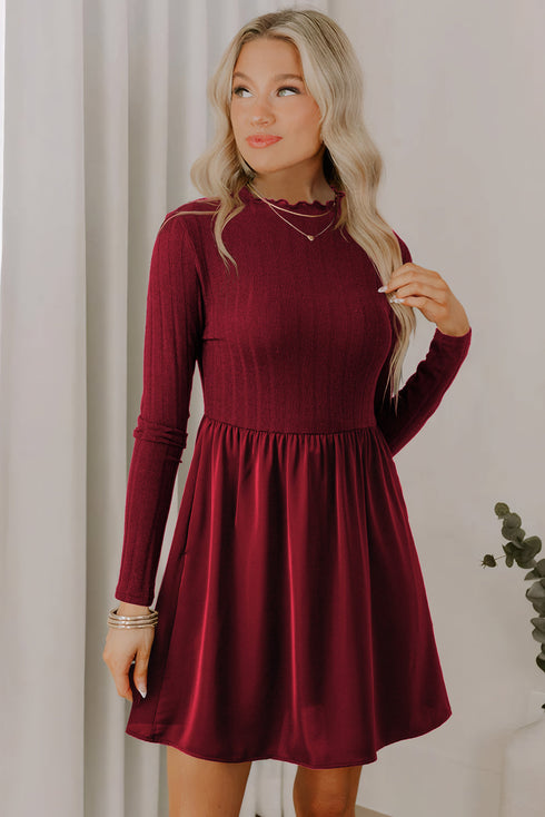 Frilled Neck Ribbed Knit Patchwork Long Sleeve Mini Dress
