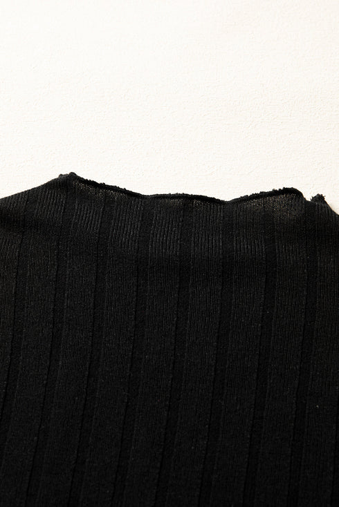 Frilled Neck Ribbed Knit Patchwork Long Sleeve Mini Dress