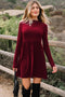 Frilled Neck Ribbed Knit Patchwork Long Sleeve Mini Dress