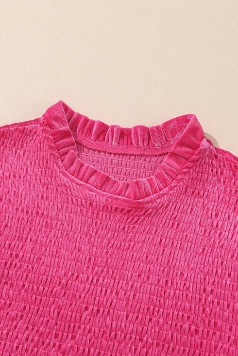 Frilled Neck Smocked Bodice Velvet Dress