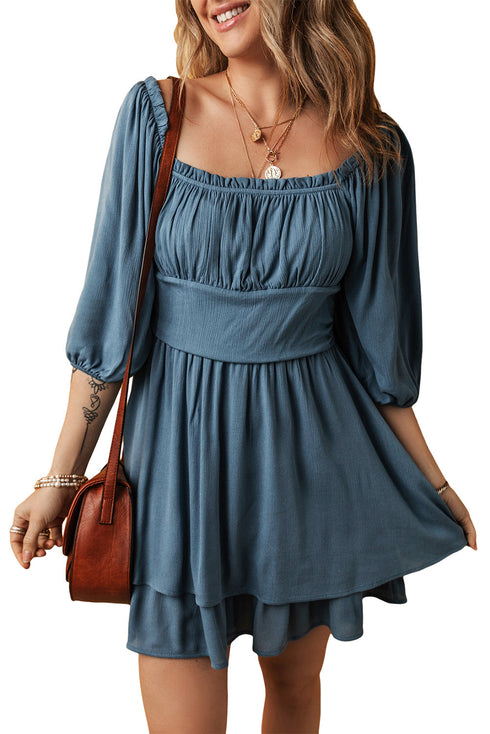Frilled Neckline 3/4 Sleeve Laye Ruched Mini Dress