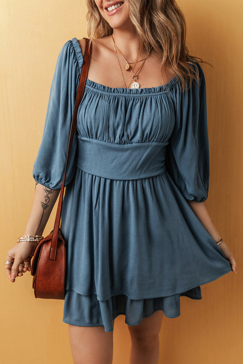 Frilled Neckline 3/4 Sleeve Laye Ruched Mini Dress
