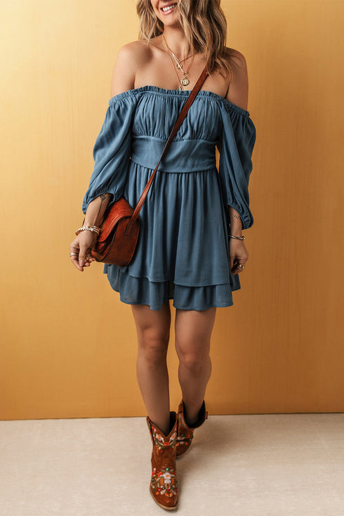 Frilled Neckline 3/4 Sleeve Laye Ruched Mini Dress