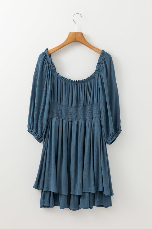 Frilled Neckline 3/4 Sleeve Laye Ruched Mini Dress