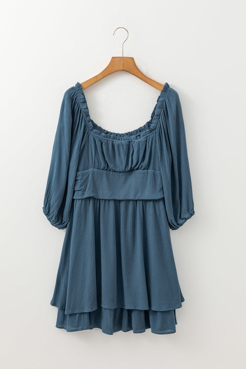 Frilled Neckline 3/4 Sleeve Laye Ruched Mini Dress