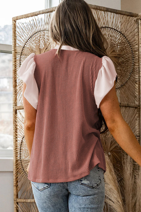 Frilled Neckline Ruffled Short Sleeve Ribbed Patchwork Blouse