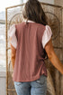 Frilled Neckline Ruffled Short Sleeve Ribbed Patchwork Blouse