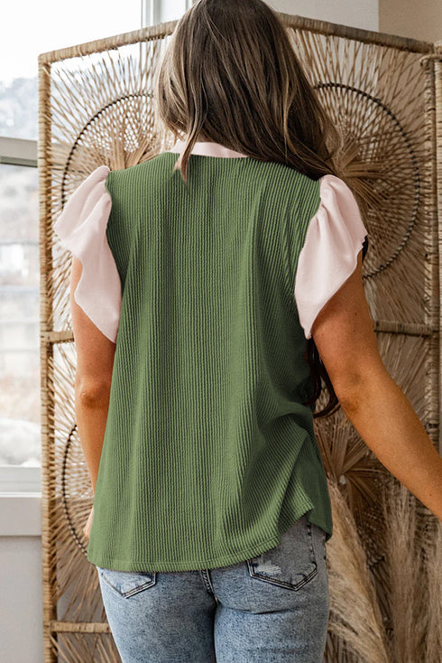Frilled Neckline Ruffled Short Sleeve Ribbed Patchwork Blouse