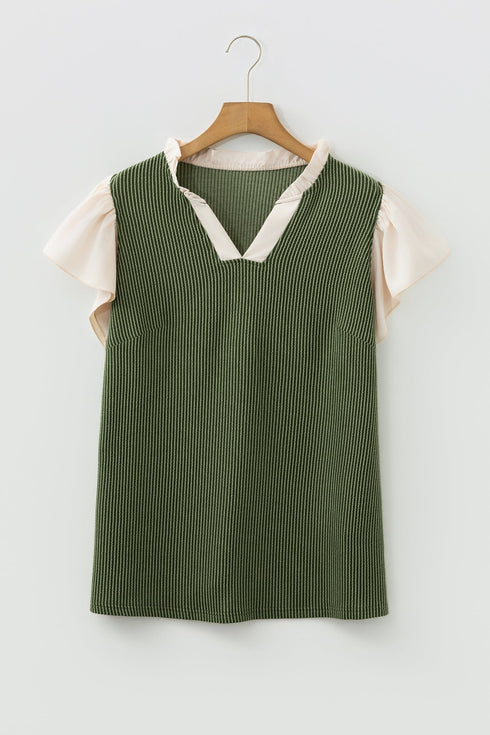 Frilled Neckline Ruffled Short Sleeve Ribbed Patchwork Blouse