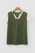 Frilled Neckline Ruffled Short Sleeve Ribbed Patchwork Blouse