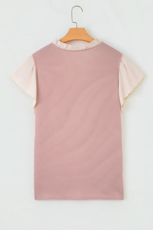 Frilled Neckline Ruffled Short Sleeve Ribbed Patchwork Blouse