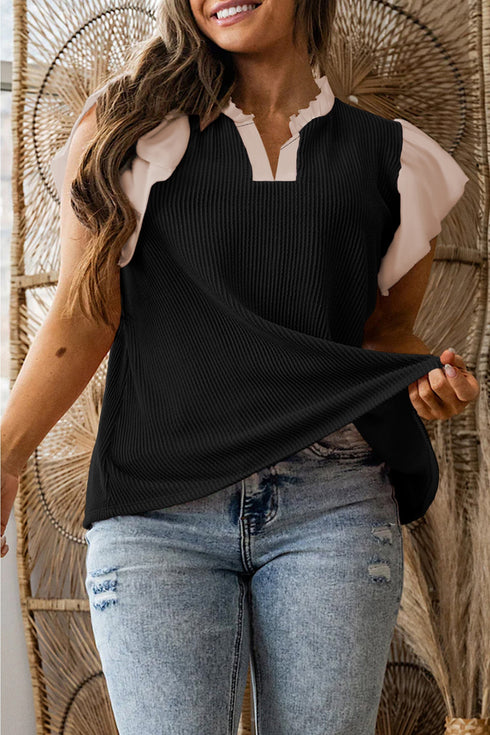 Frilled Neckline Ruffled Short Sleeve Ribbed Patchwork Blouse