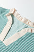 Frilled Neckline Ruffled Short Sleeve Ribbed Patchwork Blouse