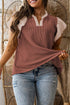 Frilled Neckline Ruffled Short Sleeve Ribbed Patchwork Blouse