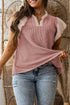 Frilled Neckline Ruffled Short Sleeve Ribbed Patchwork Blouse