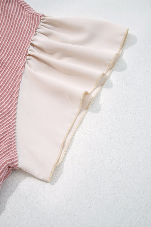 Frilled Neckline Ruffled Short Sleeve Ribbed Patchwork Blouse
