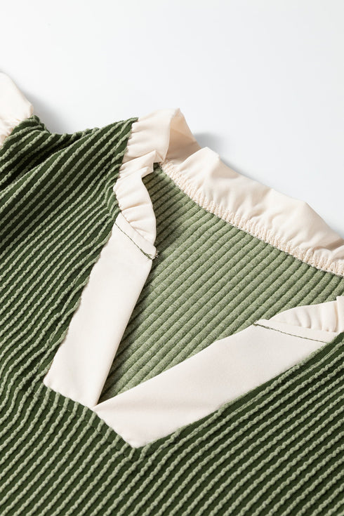 Frilled Neckline Ruffled Short Sleeve Ribbed Patchwork Blouse