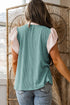 Frilled Neckline Ruffled Short Sleeve Ribbed Patchwork Blouse