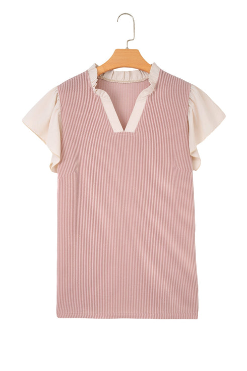 Frilled Neckline Ruffled Short Sleeve Ribbed Patchwork Blouse
