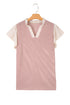 Frilled Neckline Ruffled Short Sleeve Ribbed Patchwork Blouse