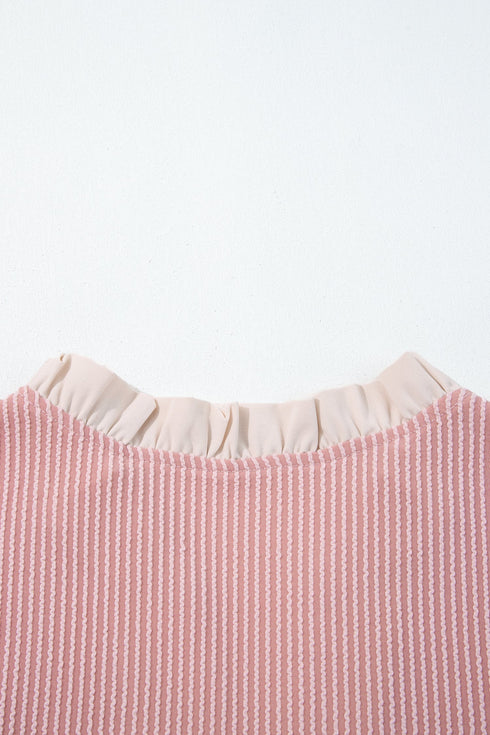 Frilled Neckline Ruffled Short Sleeve Ribbed Patchwork Blouse