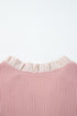 Frilled Neckline Ruffled Short Sleeve Ribbed Patchwork Blouse