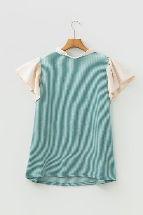 Frilled Neckline Ruffled Short Sleeve Ribbed Patchwork Blouse