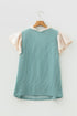 Frilled Neckline Ruffled Short Sleeve Ribbed Patchwork Blouse