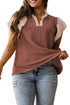 Frilled Neckline Ruffled Short Sleeve Ribbed Patchwork Blouse