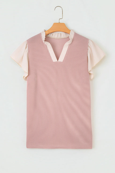 Frilled Neckline Ruffled Short Sleeve Ribbed Patchwork Blouse