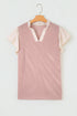 Frilled Neckline Ruffled Short Sleeve Ribbed Patchwork Blouse