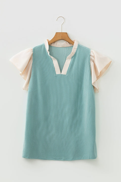 Frilled Neckline Ruffled Short Sleeve Ribbed Patchwork Blouse