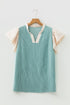 Frilled Neckline Ruffled Short Sleeve Ribbed Patchwork Blouse