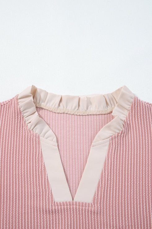 Frilled Neckline Ruffled Short Sleeve Ribbed Patchwork Blouse