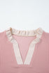 Frilled Neckline Ruffled Short Sleeve Ribbed Patchwork Blouse