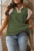 Frilled Neckline Ruffled Short Sleeve Ribbed Patchwork Blouse