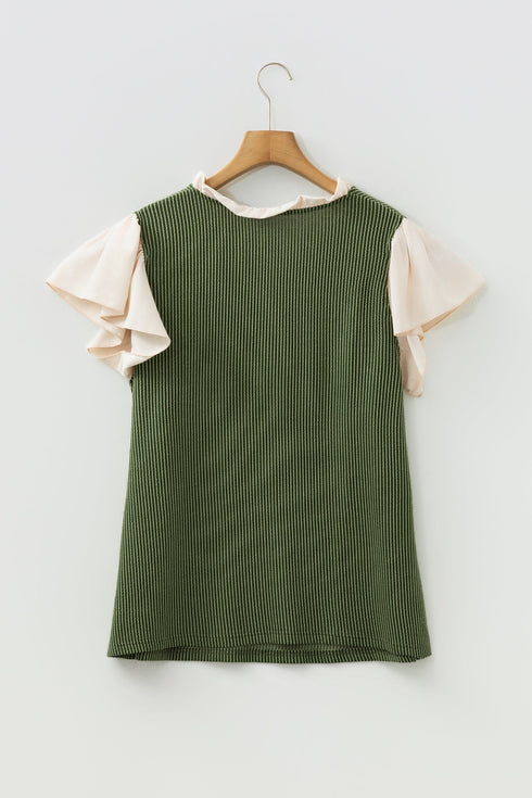 Frilled Neckline Ruffled Short Sleeve Ribbed Patchwork Blouse