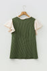 Frilled Neckline Ruffled Short Sleeve Ribbed Patchwork Blouse